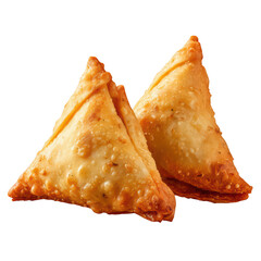 Two perfectly fried golden brown samosas with a crispy bubbly crust are presented against a simple black background