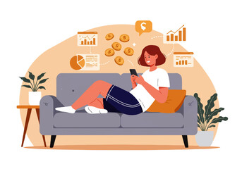 A woman relaxes on a couch using her phone, surrounded by financial charts, graphs, and coins, illustrating online investments or financial management.