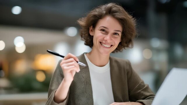 Client smiling while signing final insurance contract in modern office, symbolizing satisfaction, security, peace of mind, and success in professional financial cooperation.  cinematic color