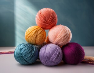 colorful yarn balls in vibrant hues arranged on a soft surface with a minimalist background