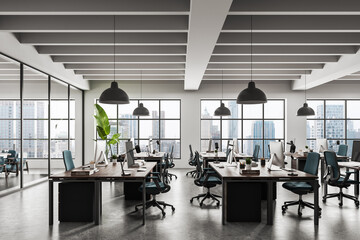 Modern open-plan office interior with city view, stylish furniture, and minimalistic design elements in a bright, contemporary workspace. 3D Rendering