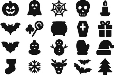 Halloween christmas holiday icons pumpkin ghost bat skull snowflake present tree candle vector illustration vector icons set
