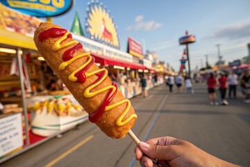 A delicious corn dog with ketchup and mustard at a vibrant outdoor fair