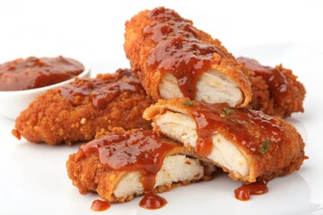 Crispy chicken tenders with barbecue sauce isolated on white background