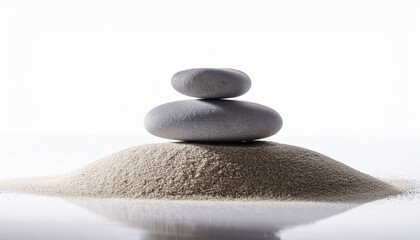 smooth gray stone balancing on small pile of sand promoting tranquility and mindfulness with white background