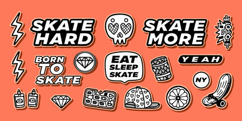 Collection of cool and fun skateboard themed stickers with bold text and graphics © MituRani