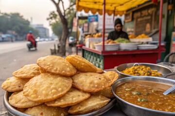 Indian street food vendor selling puri bhaji with aloo sabzi and chole isolated on white background