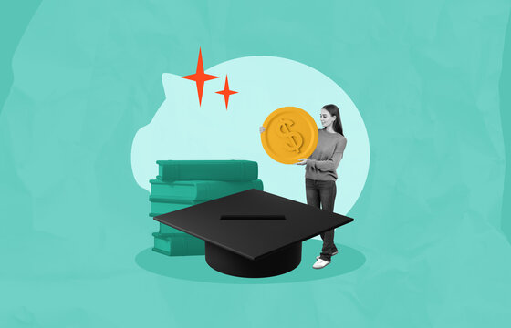 Student placing gold coin into graduation cap with books in back