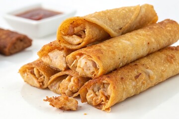 Delicious chicken taquitos isolated on white background, served with a side of salsa