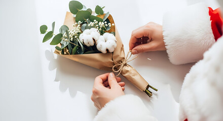 Santa Claus wrapping minimalist Christmas bouquet with natural flowers and greenery in kraft paper styled in Scandinavian design and eco friendly concept