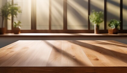 Obraz premium elegant wooden table surface bathed in soft natural window light with geometric shadows