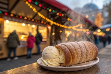 Chimney cake with ice cream at a christmas market in budapest, hungary