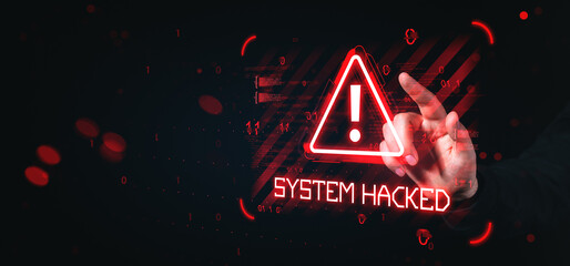 System hacked warning alert with hand touching digital red triangle on futuristic interface...