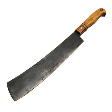 An old weathered meat cleaver with a rustic wooden handle and a large dark steel blade is shown isolated on a solid black background