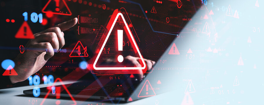 Cybersecurity warning concept showing alert symbols and hacker activity on digital interface background with binary code and red caution signs.