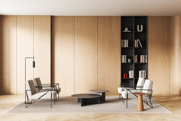 Modern minimalist interior design with wooden panels, contemporary furniture, and built-in shelving in elegant neutral tones. 3D Rendering