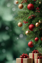 Obraz premium Banner. On the right, against a green background, is a Christmas tree with red balls and gold ornaments. Below the tree are boxes with presents. Cinematic, bokeh.