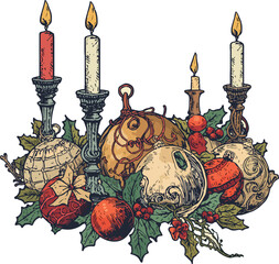 Vintage Christmas Pattern with Ornaments, Holly, Candles, and Bells – Seamless Holiday Background.