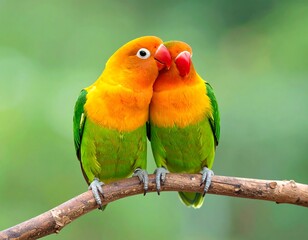 Two vibrant orange and green parrots nuzzle on a branch against a blurred green background