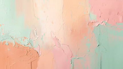 Fototapeta premium Soft pastel abstract expressionism background with thick impasto brush strokes of blush pink, mint green, and peach.