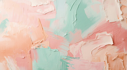Fototapeta premium Soft pastel abstract expressionism background with thick impasto brush strokes of blush pink, mint green, and peach.