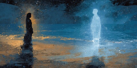 Obraz premium Ephemeral Encounter: A figure stands in silhouette, facing their spectral counterpart, creating a surreal and emotional encounter.