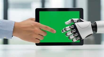Human and robot hands touching a tablet with a green screen, symbolizing artificial intelligence, technology, and the future of humanmachine interaction