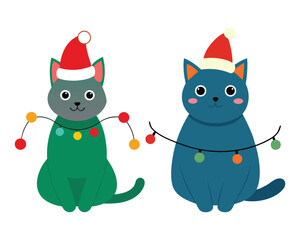 Festive Cats in Santa Hats with Holiday Lights and Smiles