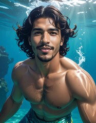 Underwater portrait of a young man with long hair, partially submerged, showing his upper body