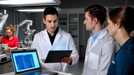 Scientists Collaborating in Laboratory with Digital Data Analysis
 - Powered by Adobe