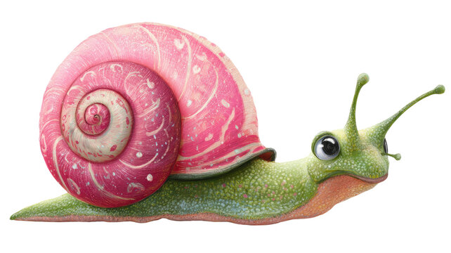 Close-up of snail on a green leaf showing spiral shell texture, slow movement nature wildlife macro photography isolated on white background