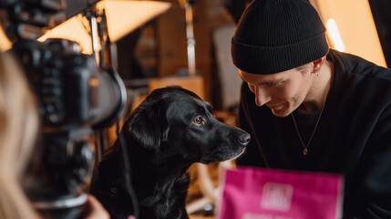 Man interacts with a black dog in a studio setting with bright lights and equipment