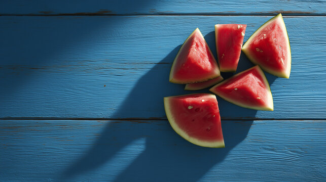 seedless. Fresh watermelon slices arranged on a rustic blue wooden surface, highlighting simple summer freshness. menu design.