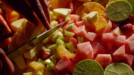 Chopped fruit salad preparation