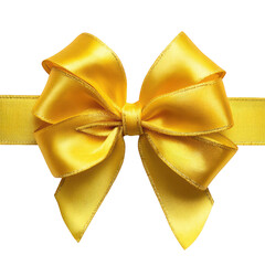 A vibrant golden yellow satin bow tied neatly on a matching ribbon is isolated against a solid black background creating a striking visual