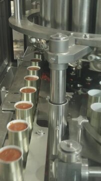 Tomato sauce cans filling machine in a canned food production facility