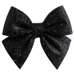 An elegant black bow covered in shimmering glitter is isolated on a black background for a festive and celebratory feel