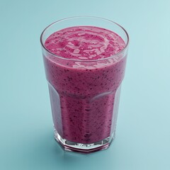 Refreshing and nutritious purple smoothie made from blended berries, served in a clear glass against a clean pastel blue backdrop.