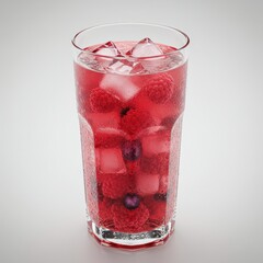 Chilled red fruit beverage in a clear glass with ice cubes, raspberries, and blueberries, covered in condensation on a light background.