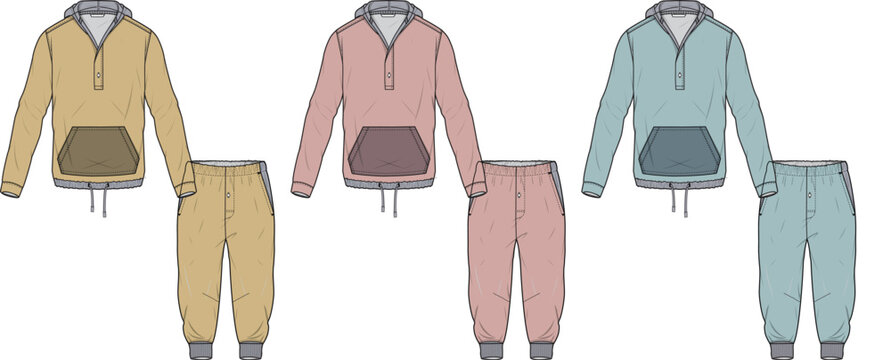 Fashion flat sketches of hooded sweatshirt and jogger pants sets in various colors