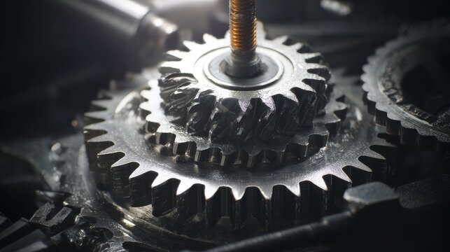 clockwork. A close-up of a complex mechanical gear mechanism with a central gear jammed. event key visuals, club posters, designed for sports event promotions and stadium branding.