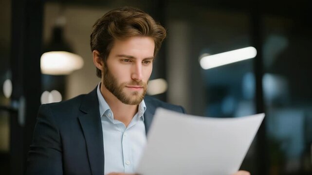 Corporate manager reviewing certified financial documents with focus and confidence, emotion of responsibility visible, symbolizing transparent business operations, data integrity, and financial