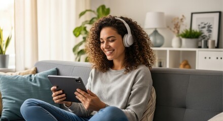 Happy young woman with curly hair wearing headphones, enjoying music or video on a digital tablet while relaxing on a sofa at home.