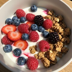 Healthy breakfast bowl with creamy yogurt, topped with raspberries, blueberries, blackberries, sliced strawberries, and crunchy granola in natural light.