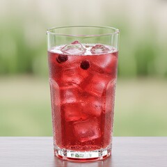Refreshing red cranberry beverage served over ice in a clear glass, with condensation droplets, set against a soft outdoor background.