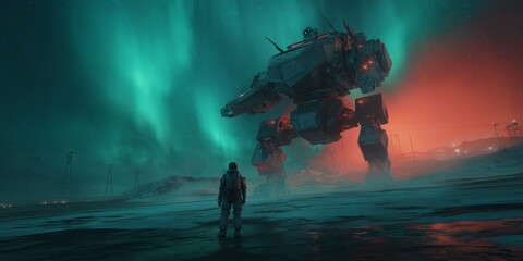Giant Robot Facing the Aurora: A lone figure stands in awe before a colossal robot, its silhouette stark against the backdrop of a mesmerizing aurora borealis, the sky ablaze with ethereal light.