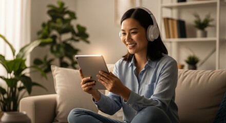 Happy young Asian woman in headphones enjoying digital content on tablet at home. Relaxed female watching video, listening to music, or studying online on sofa.