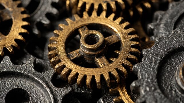 clockwork. A close-up of a complex mechanical gear mechanism with a central gear jammed. event key visuals, club posters, designed for sports event promotions and stadium branding.