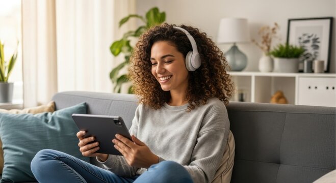 Happy young woman with curly hair wearing headphones, enjoying music or video on a digital tablet while relaxing on a sofa at home.