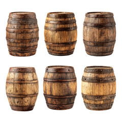 A collection of six rustic wooden barrels with metal hoops isolated on a black background perfect for aging wine beer or spirits